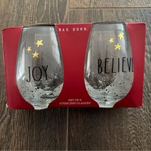 Rae Dunn Joy and Believe Stemless Glasses - Gold Stars and Black Text